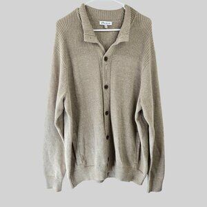 Peter Millar Cardigan Large Tan Knit Merino Wool Linen Preppy Button Up Sweater